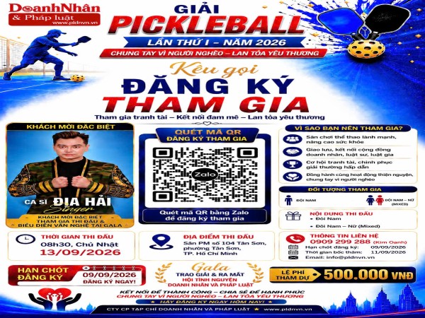 Công ty Cổ phần Tạp chí Doanh nhân và Pháp luật tổ chức "Giải Pickleball Lần 1 - 2026" nhằm gây quỹ tặng quà Trung thu cho trẻ em có hoàn cảnh khó khăn