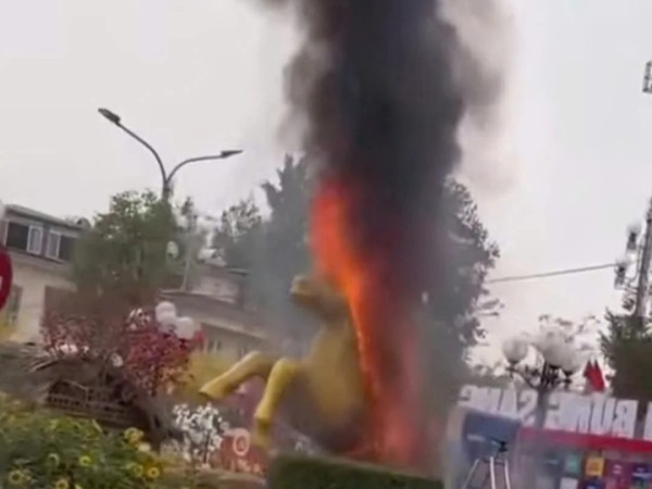Linh vật ngựa bất ngờ bốc cháy khi đang thi công ở Thái Nguyên