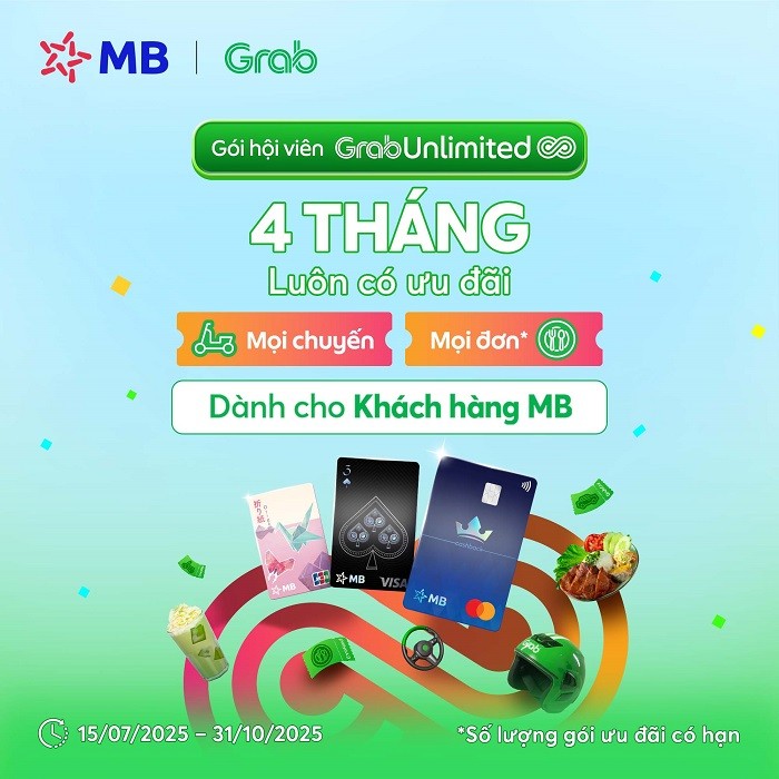 MB hợp tác cùng đối tác Grab tặng chủ thẻ MB 4 tháng sử dụng miễn phí "Gói Hội viên GrabUnlimited"