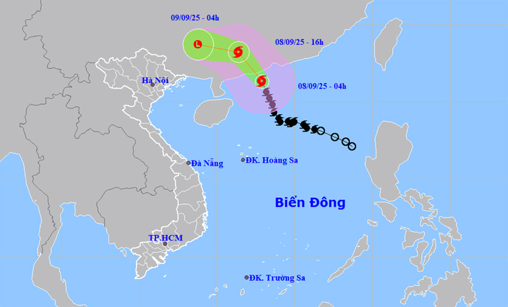 Bản đồ dự báo đường đi, khu vực ảnh hưởng của bão số 7 Tapah. (Nguồn: NCHMF)