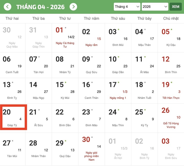 Cốc vũ 2026 là ngày 20/4 Dương lịch. (Ảnh: Chụp màn hình)