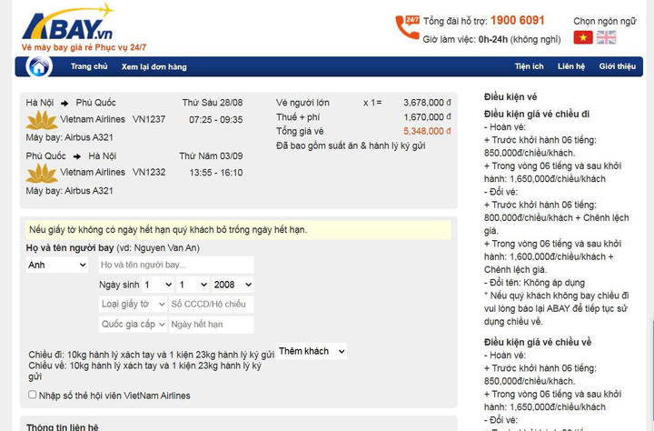 Giá vé máy bay kỳ nghỉ lễ 2/9 tăng vọt. (Ảnh chụp màn hình ngày 8/8).