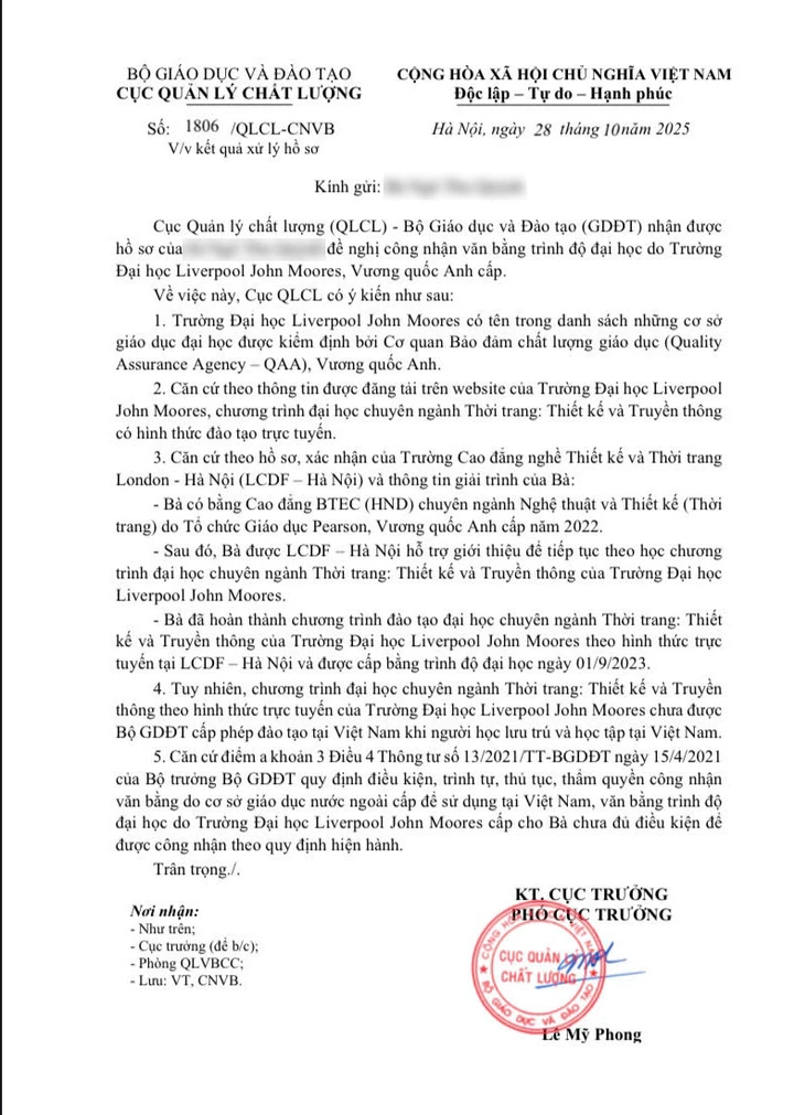 Cục Quản lý chất lượng, Bộ GD&ĐT phản hồi kết quả xử lý hồ sơ xác nhận văn bằng của B. Ảnh: NVCC