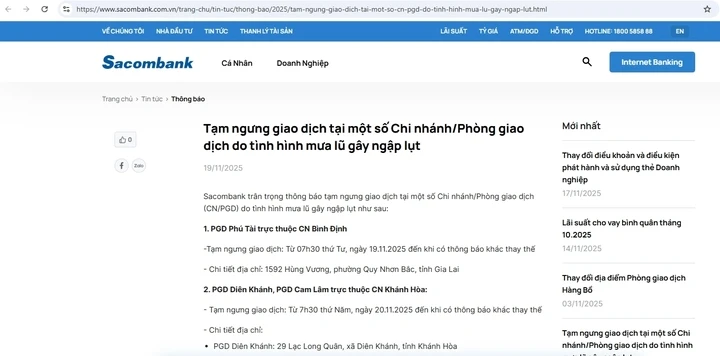 Thông báo của Samcombank. (Ảnh chụp màn hình)